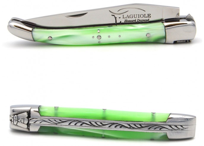 Laguiole pocket knife 10 cm, welded bee, pearly green acrylic handle with shiny bolsters