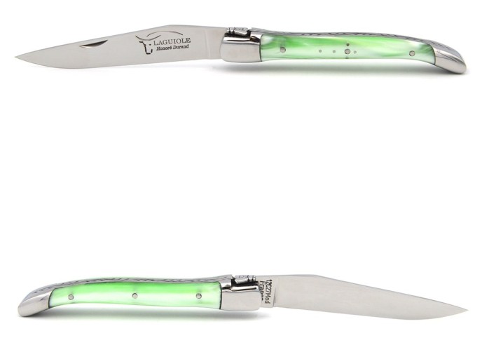 Laguiole pocket knife, 10 cm, welded bee, pearly green acrylic handle with shiny bolsters