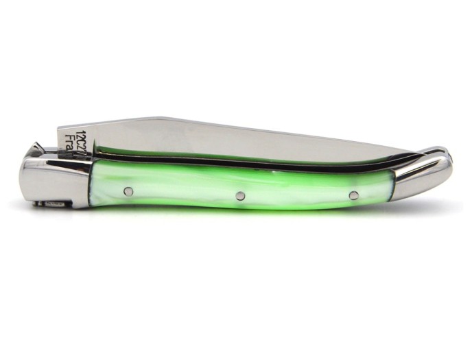 Laguiole pocket knife, 10 cm, welded bee, pearly green acrylic handle with shiny bolsters