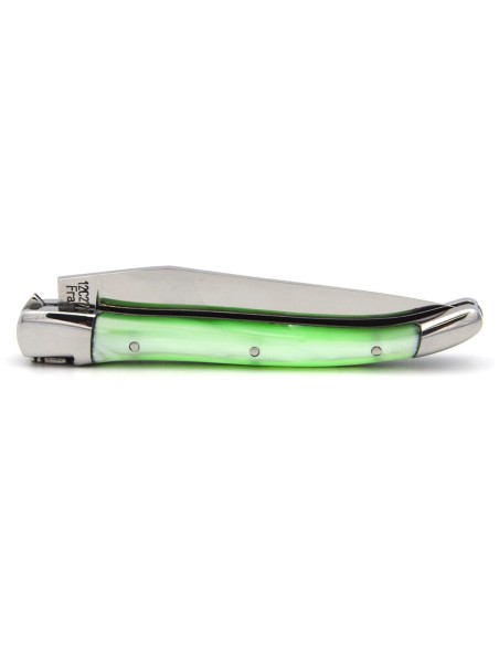 Laguiole pocket knife, 10 cm, welded bee, pearly green acrylic handle with shiny bolsters