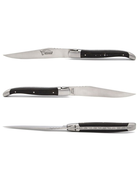 Laguiole Steakmesser, Heftbacken aus mattem Edelstahl, breiterer Griff aus verschiedene Holzarten