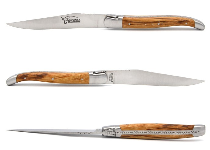 Laguiole Steakmesser, Heftbacken aus mattem Edelstahl, breiterer Griff aus verschiedene Holzarten