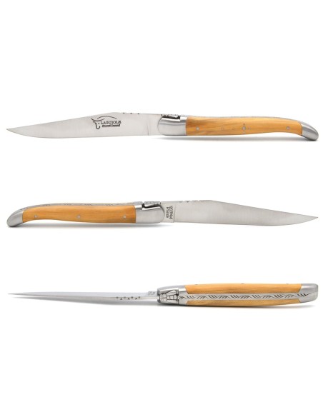 Laguiole Steakmesser, Heftbacken aus mattem Edelstahl, breiterer Griff aus verschiedene Holzarten