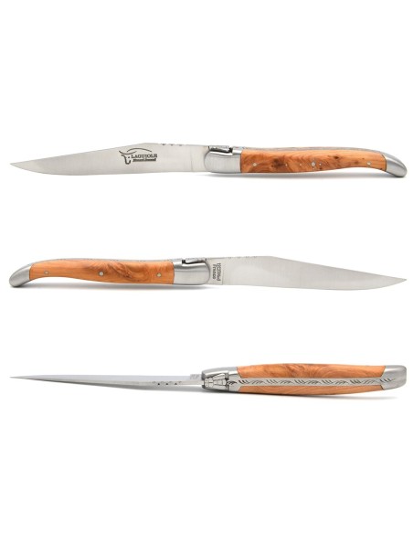 Laguiole Steakmesser, Heftbacken aus mattem Edelstahl, breiterer Griff aus verschiedene Holzarten