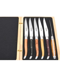 Laguiole Steakmesser, Heftbacken aus mattem Edelstahl, breiterer Griff aus verschiedene Holzarten