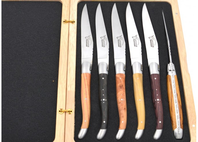 Laguiole Steakmesser, Heftbacken aus mattem Edelstahl, breiterer Griff aus verschiedene Holzarten
