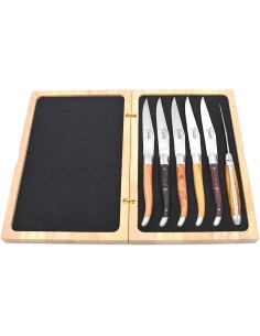 Laguiole Steakmesser, Heftbacken aus mattem Edelstahl, breiterer Griff aus verschiedene Holzarten 2