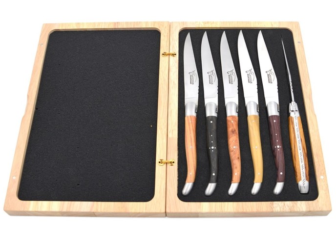 Laguiole Steakmesser, Heftbacken aus mattem Edelstahl, breiterer Griff aus verschiedene Holzarten