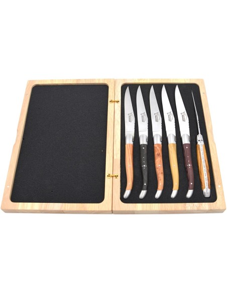 Laguiole Steakmesser, Heftbacken aus mattem Edelstahl, breiterer Griff aus verschiedene Holzarten