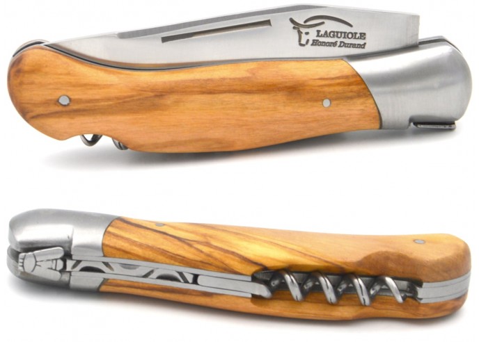 Laguiole hunting knife, 12 cm, welded bee, blade and corkscrew, olivewood handle