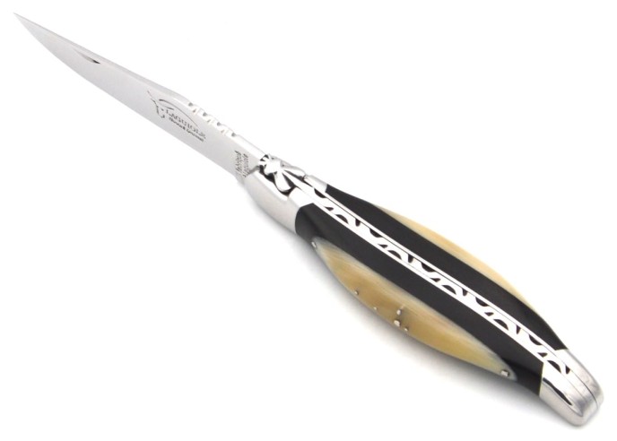 Laguiole pocket knife, 12 cm, forged bee, ebony and horn tip wide handle with shiny bolsters
