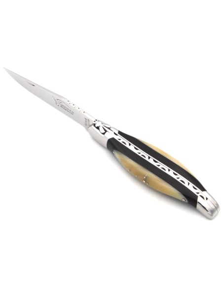 Laguiole 12cm, Heftbacken aus glänzendem Edelstahl breiterer Griff aus Ebenholz und Hornspitze