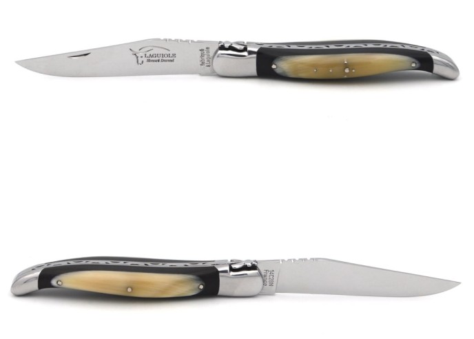 Laguiole 12cm, Heftbacken aus glänzendem Edelstahl breiterer Griff aus Ebenholz und Hornspitze