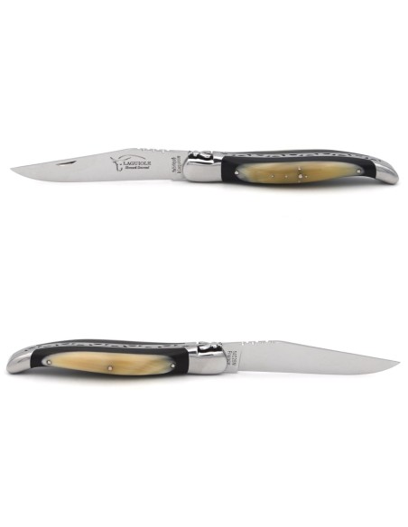 Laguiole pocket knife, 12 cm, forged bee, ebony and horn tip wide handle with shiny bolsters