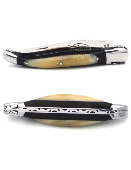 Laguiole pocket knife, 12 cm, forged bee, ebony and horn tip wide handle with shiny bolsters