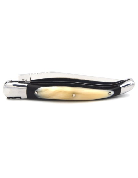 Laguiole pocket knife, 12 cm, forged bee, ebony and horn tip wide handle with shiny bolsters