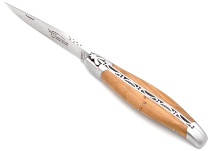 Laguiole 12cm, Heftbacken aus glänzendem Edelstahl, breiterer Griff aus Wacholderholz