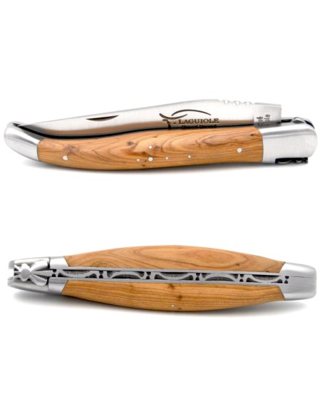 Laguiole pocket knife, 12 cm, forged bee, juniper wide handle with shiny bolsters