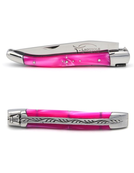 Laguiole pocket knife, 10 cm, welded bee, pink acrylic handle with shiny bolsters