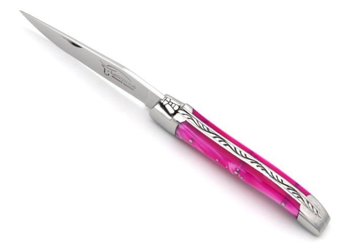 Laguiole pocket knife, 10 cm, welded bee, pink acrylic handle with shiny bolsters