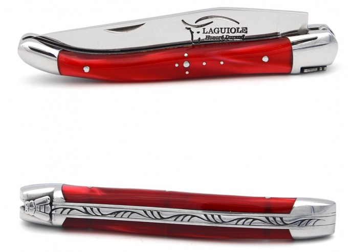 Laguiole pocket knife, 11 cm, welded bee, Acrylic - Pearly red handle with shiny bolsters