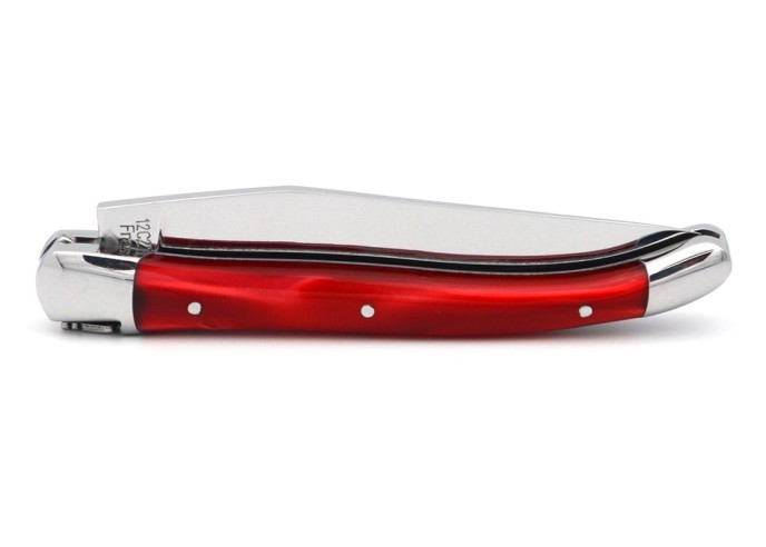 Laguiole pocket knife, 11 cm, welded bee,  red acrylic handle with shiny bolsters