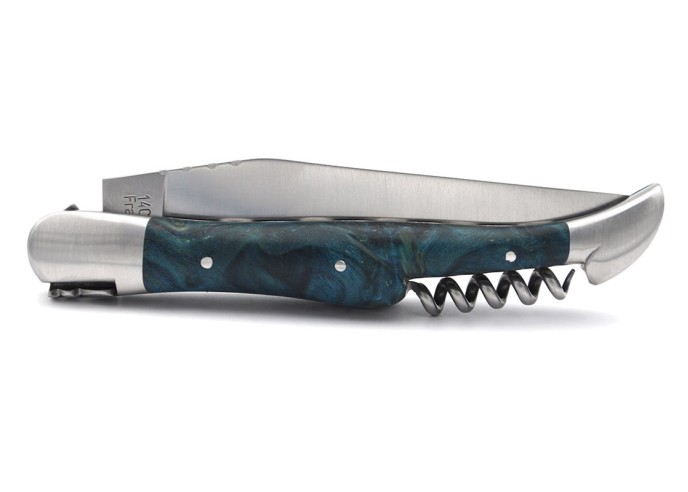 Laguiole pocket knife 12 cm, blade and corkscrew, chiseled double plates, blue stabilized poplar burl handle with matt bolsters