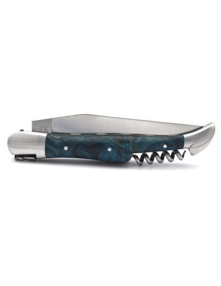 Laguiole pliant 12 cm, lame & tire-bouchon, doubles platines ciselées, manche en loupe de peuplier stabilisée bleu