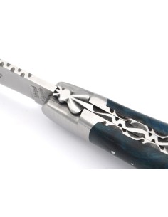 Laguiole pliant 12 cm, lame & tire-bouchon, doubles platines ciselées, manche en loupe de peuplier stabilisée bleu 2