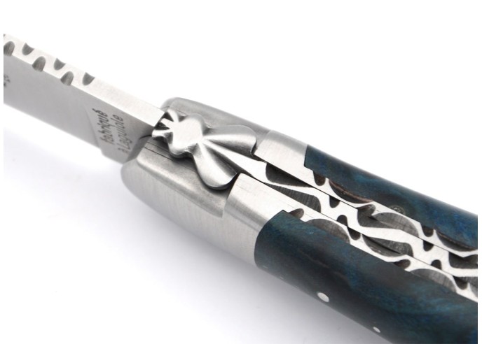 Laguiole 12cm, Klinge und Korkenzieher, Doppelplatinen ziseliert, Griff aus Stabilisierte Pappelmaser - Blau