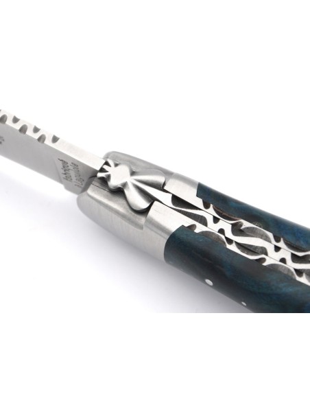 Laguiole pocket knife 12 cm, blade and corkscrew, chiseled double plates, blue stabilized poplar burl handle with matt bolsters