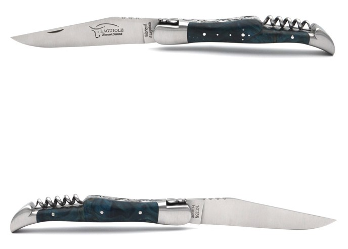 Laguiole pliant 12 cm, lame & tire-bouchon, doubles platines ciselées, manche en loupe de peuplier stabilisée bleu