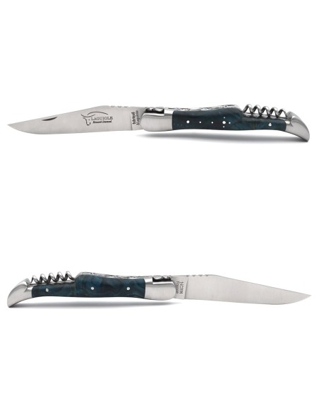 Laguiole pocket knife 12 cm, blade and corkscrew, chiseled double plates, blue stabilized poplar burl handle with matt bolsters