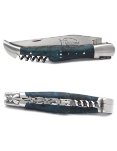 Laguiole pliant 12 cm, lame & tire-bouchon, doubles platines ciselées, manche en loupe de peuplier stabilisée bleu