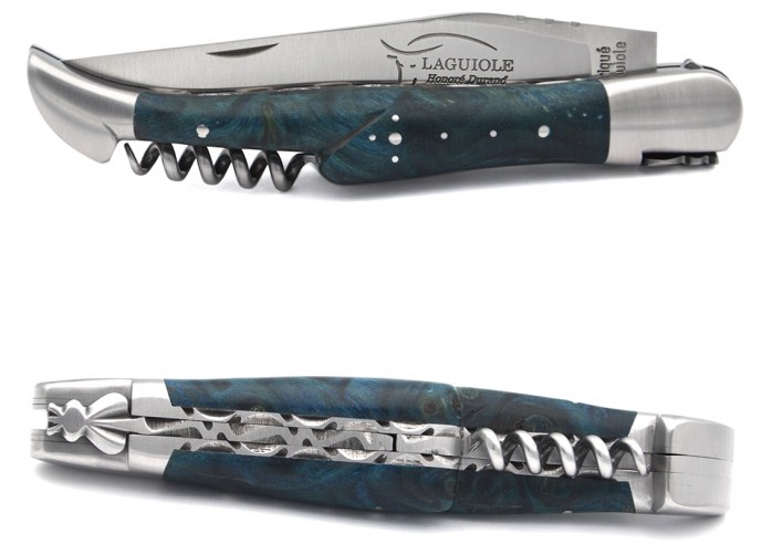 Laguiole pocket knife 12 cm, blade and corkscrew, chiseled double plates, blue stabilized poplar burl handle with matt bolsters