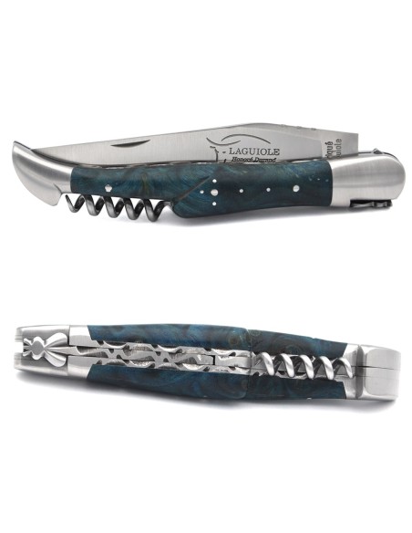 Laguiole pliant 12 cm, lame & tire-bouchon, doubles platines ciselées, manche en loupe de peuplier stabilisée bleu