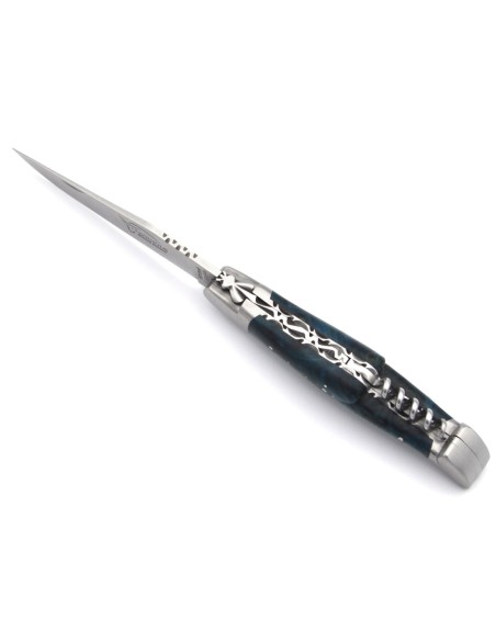 Laguiole pliant 12 cm, lame & tire-bouchon, doubles platines ciselées, manche en loupe de peuplier stabilisée bleu