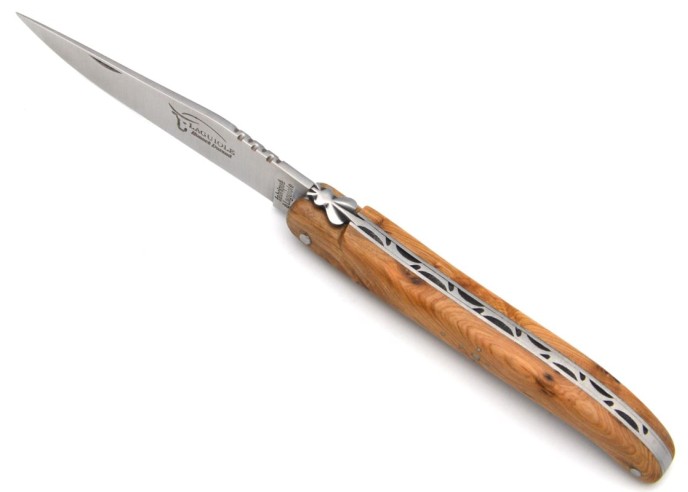 Laguiole Klappmesser, 12cm, Geschmiedete Biene, Voller Griff aus Wacholderholz, Mattem Oberfläche