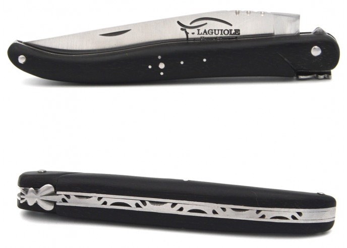 Laguiole pocket knife, 12 cm, carbon blade, ebony wood full handle with matt finish
