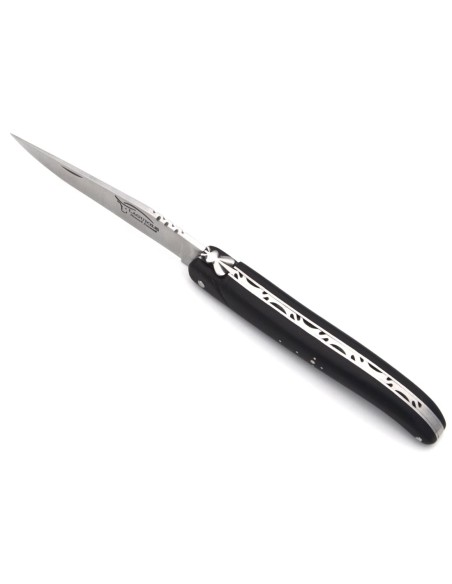 Laguiole pliant 12 cm, abeille forgée, lame carbone, plein manche en ébène avec finition inox mat