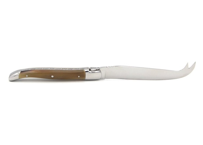 Laguiole Käsemesser, Heftbacken aus glänzendem Edelstahl, breiterer Griff aus Griff aus Hornspitze (hell)