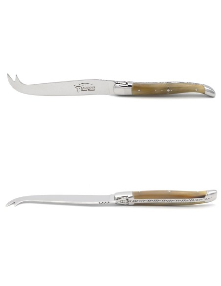 Laguiole Käsemesser, Heftbacken aus glänzendem Edelstahl, breiterer Griff aus Griff aus Hornspitze (hell)