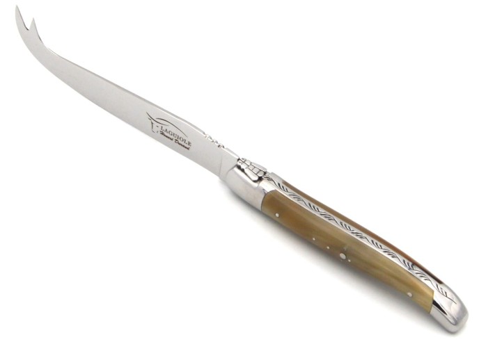 Laguiole Käsemesser, Heftbacken aus glänzendem Edelstahl, breiterer Griff aus Griff aus Hornspitze (hell)