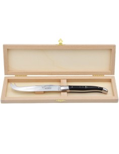 Laguiole cheese knife with shiny stainless steel bolsters. Wide pale horn tip handle 2