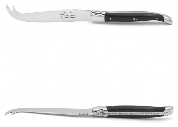 Laguiole cheese knife with shiny stainless steel bolsters. Wide dark horn tip handle