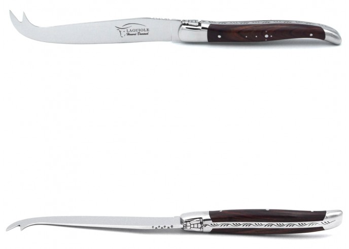Laguiole cheese knife with shiny stainless steel bolsters. Wide purplewood handle