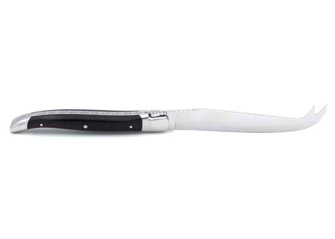 Laguiole Käsemesser, Heftbacken aus glänzendem Edelstahl, breiterer Griff aus Ebenholz