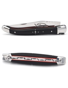 Laguiole pliant 11 cm, abeille forgée, lame seule finition brillant, manche en ébène avec intercalaire rouge