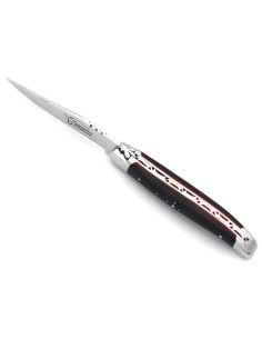 Laguiole Klappmesser, 11 cm, Geschmiedete Biene, Heftbacken aus glanzendem Edelstahl, Griff aus Ebenholz mit rot Vulkanfiber 2