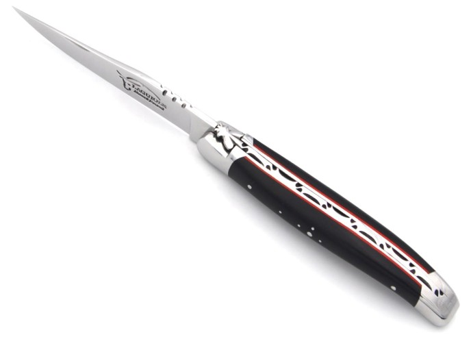 Laguiole pocket knife, 11 cm, forged bee, shiny stainless steel bolsters, ebony handle with red vulcanized fiber